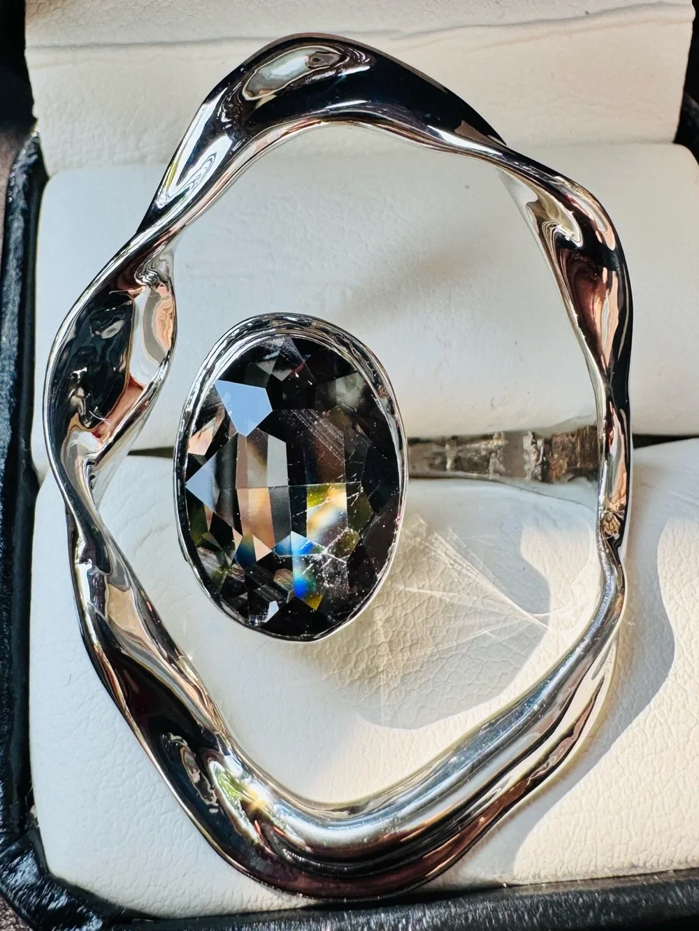 Silver-Tone Statement Ring with Grey Faceted Oval Crystal